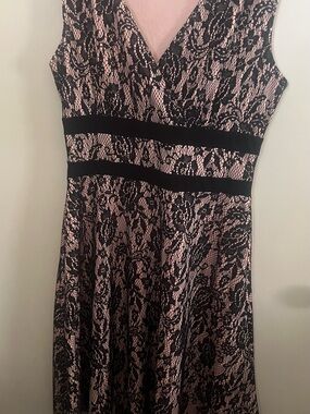 Black Lace Overlay V-Neck Dress with Blush Underlay